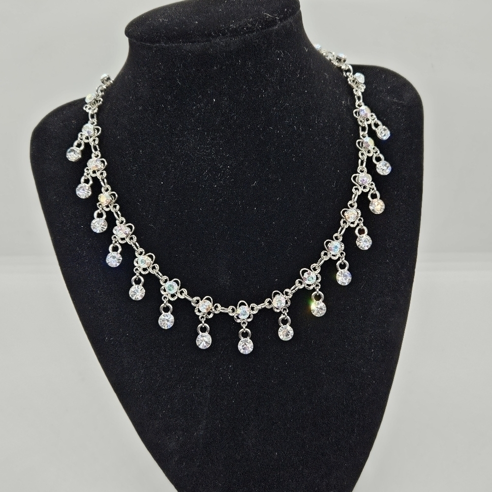 silver tone and pink AB rhinestone choker